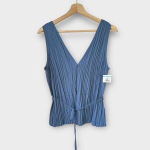 NEW Vince Pleated Peplum V-Neck Top with Removable Belt in Dusty Blue